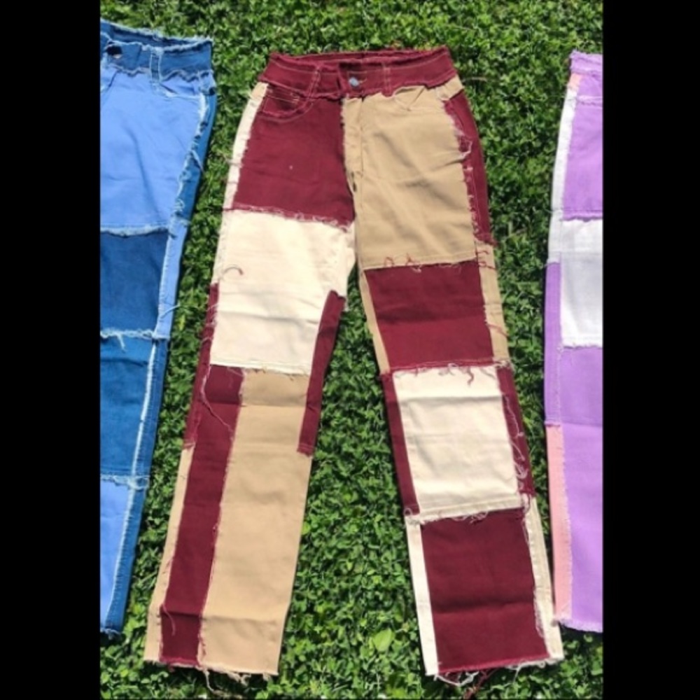 Wine Red Brown and Beige Patchwork Denim Jeans